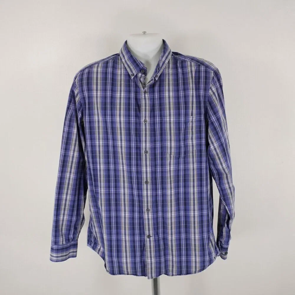 Banana Republic Blue‎ Plaid Pocket Collared Button Down Large 16-16.5 Cotton